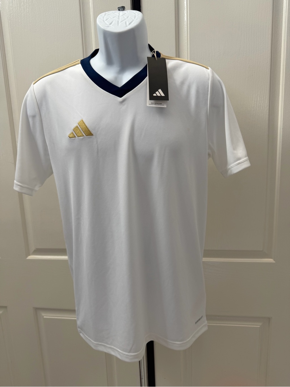 Adidas White Performance V-Neck Jersey Shirt with Blue/Gold Accents Sz S